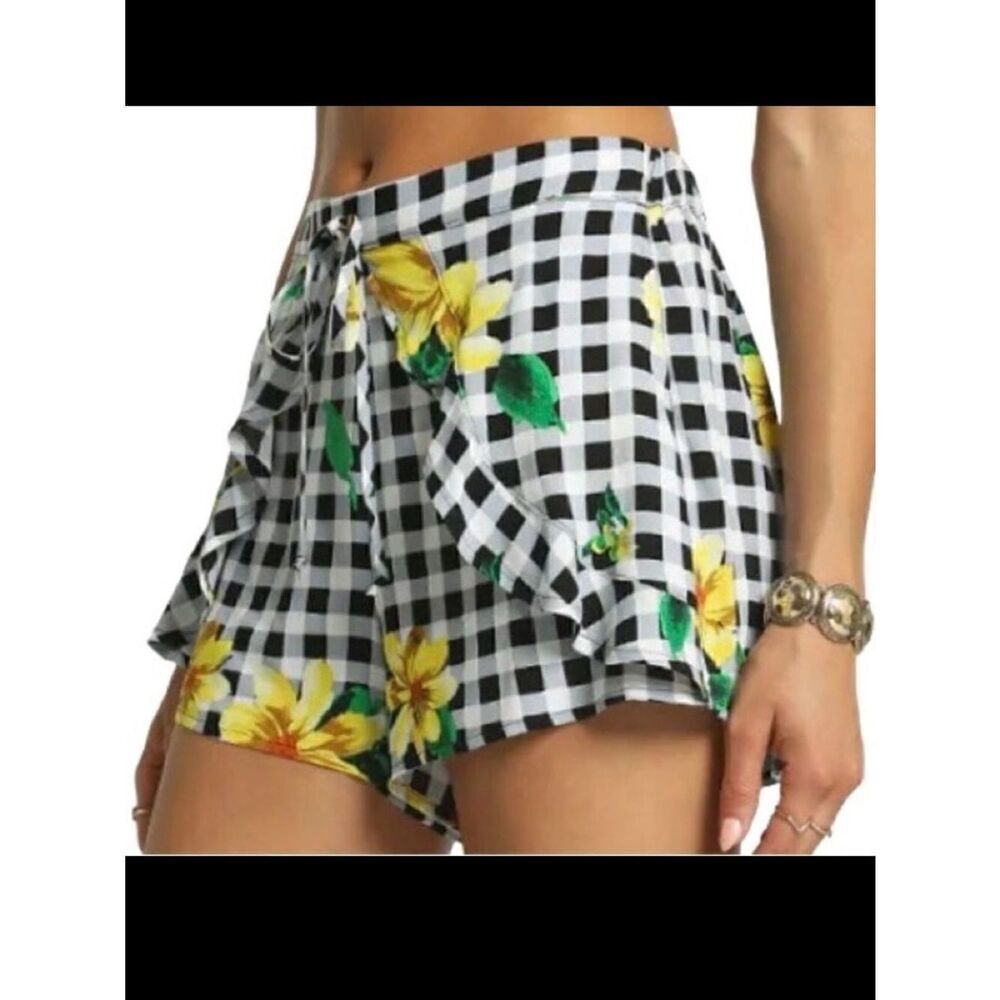 Sans Souci Floral Checker Ruffle Shorts in Black/White/Yellow Women’s M